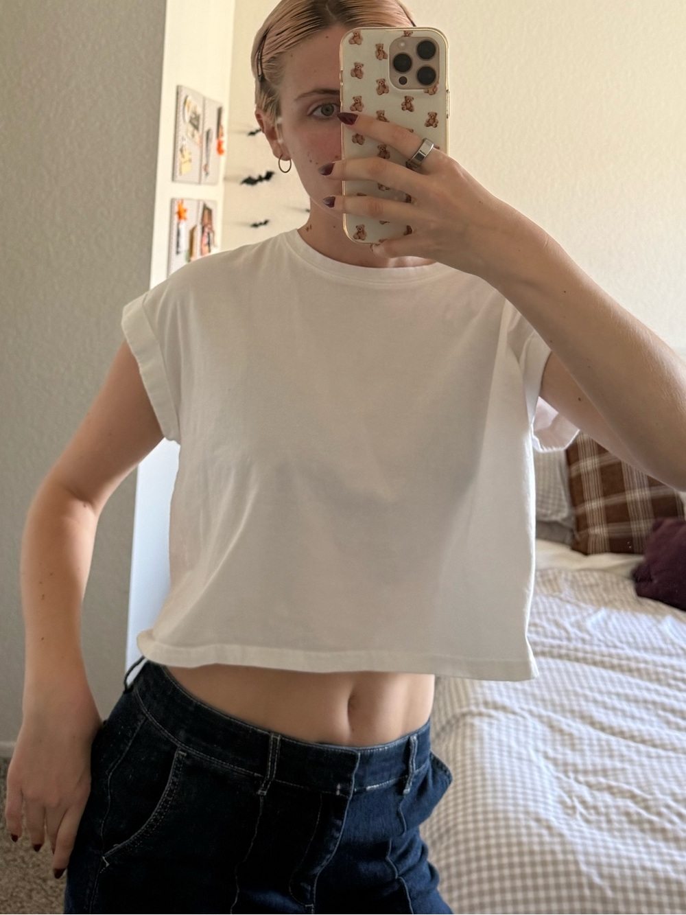 White Cropped Rolled-Sleeve Women's Tee